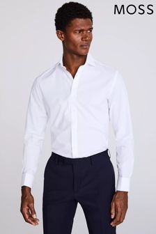 Moss White Tailored Fit Dobby Double Cuff Shirt