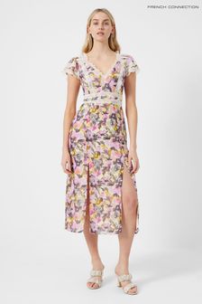 French Connection Catlett Crinkle Purple Floral Lace Mix Dress