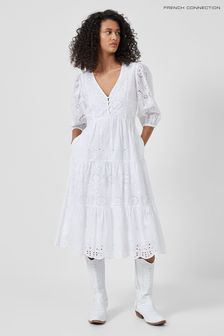 French Connection Abana Biton White Broiderie V-Neck Dress