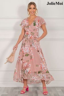 Jolie Moi Eleanor Pink Wrap Mesh Maxi Dress (U68824) | £89
