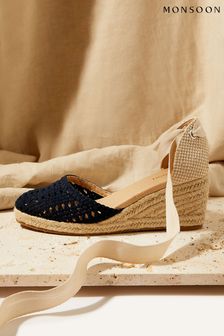 Monsoon Blue Cut-Out Detail Tie Up Espadrille Wedges