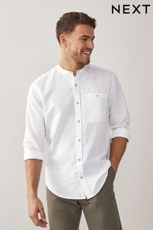 White Grandad Collar Linen Blend Long Sleeve Shirt (U69599) | £30
