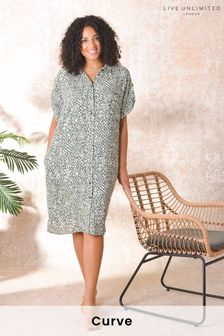 Live Unlimited Curve Green Animal Printed Shirt Dress