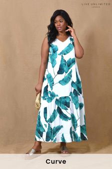 Live Unlimited Curve Green Leaf Print V Neck Maxi Dress (U69679) | £95
