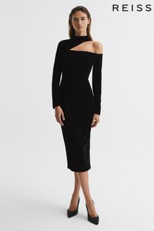 Reiss Black Tatiana Regular Velvet Cut-Out Shoulder Dress (U70755) | £148