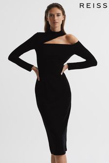 Reiss Black Tatiana Regular Velvet Cut-Out Shoulder Dress (U70756) | £148