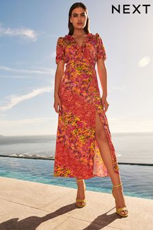 Pink/Yellow Floral Satin Jacquard Wrap Midi Dress (U73892) | £58