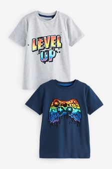 Grey/Navy Blue Rainbow Gaming Graphic Short Sleeve T-Shirt 2 Pack (3-16yrs) (U76410) | £13 - £21