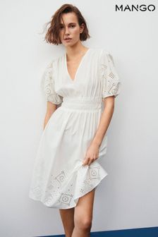 Mango White Embroidered Cotton Dress