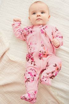Pink Floral Lightweight Fleece Baby Sleepsuit (U77984) | £11 - £13