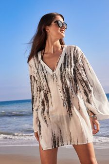 White Tiedye Long Sleeve Beach Kaftan Dress (U80252) | £30