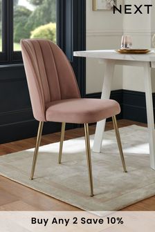 Set of 2 Soft Velvet Blush Pink Brushed Gold Leg Stella Non Arm Dining Chairs (U83825) | £250