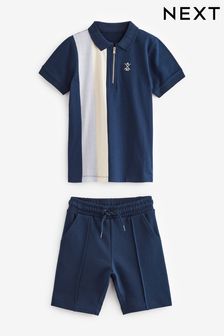 Navy Blue Short Sleeve Colourblock Zip Neck Polo And Short Set (3-16yrs) (U83879) | £18 - £26