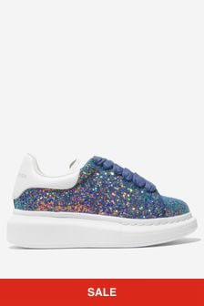 Alexander McQueen Girls Leather Disco Glitter Chunky Trainers in White