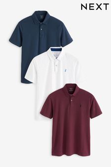 White/Navy Blue/Burgundy Red Geo Pattern Jersey Polo Shirts 3 Pack (U85765) | £40
