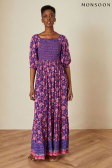 Monsoon Shirred Purple Bodice Floral Print Dress in LENZING™ ECOVERO™