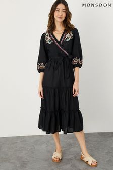Monsoon Black Linen Blend Embroidered Tiered Wrap Dress