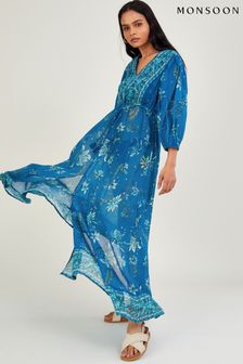 Monsoon Blue Sustainable Cotton Floral Print Border Maxi Dress