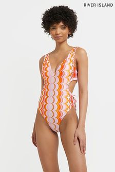 River Island Orange Print Plunge Cut-Out Swimsuit