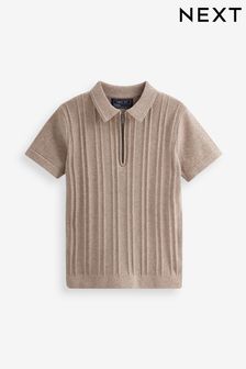 Taupe Brown Short Sleeve Textured Zip Neck Polo Shirt (3-16yrs) (U88593) | £13 - £18