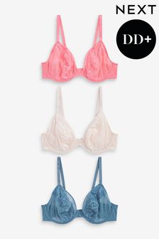 Coral Pink/Blue/Cream Non Pad Plunge DD+ Non Pad Plunge Lace & Mesh Bras 3 Pack (U89179) | £42