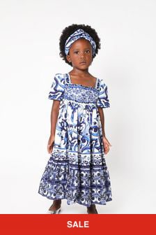 Dolce & Gabbana Kids Girls Majolica Print Smock Dress in Blue