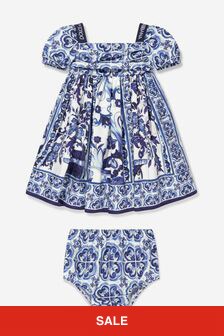 Dolce & Gabbana Kids Baby Girls Majolica Print Smock Dress in Blue
