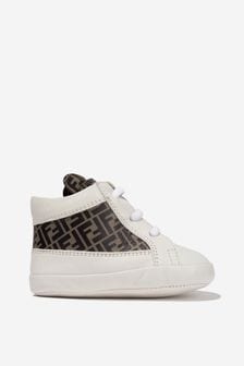 Fendi Kids Baby Leather Logo Booties in Ivory