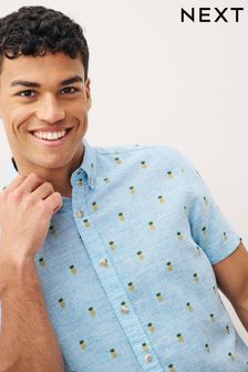 Blue Linen Blend Printed Short Sleeve Shirt (U93018) | £32