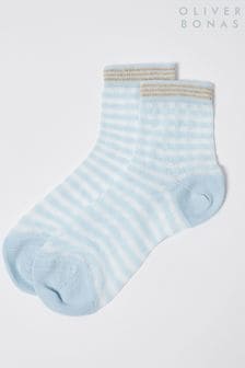 Oliver Bonas Blue Sheer Gingham And Gold Stripe Ankle Socks