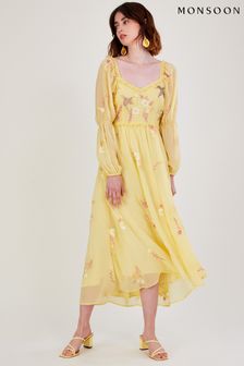 Monsoon Heidi Yellow Embellished Midi Dress In Recycled Polyester