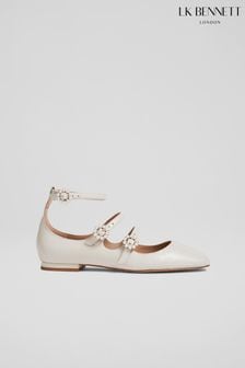 L.K.Bennett Cindy White Patent Leather Pearl Buckle Flats