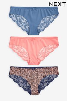 Coral Pink/Blue/Print Brazilian No VPL Lace Back Briefs 3 Pack (U95144) | £18