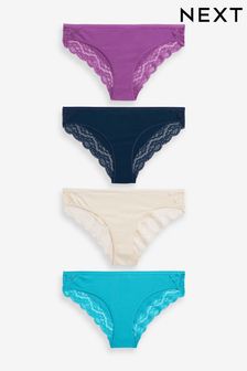 Navy Blue/Aqua Blue/Purple/Cream Bikini Lace Trim Cotton Blend Knickers 4 Pack (U96327) | £16
