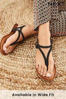 Black Regular/Wide Fit Forever Comfort® Leather Plait Toe Post Flat Sandals (U96329) | £20
