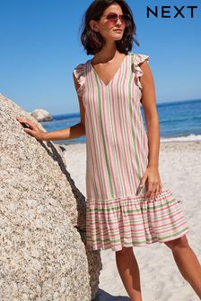 Ecru White Stripe Ruffle Sleeve Tie Back Mini Dress With Linen (U96646) | £28