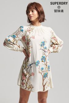 SUPERDRY Cream High Neck Embroidered Mini Dress
