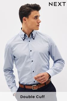 Blue/White Geometric Print Regular Fit Single Cuff Double Collar Trimmed Shirt (U97922) | £36