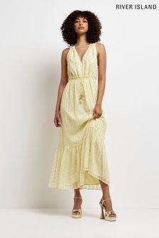 Yellow Ruffle Metallic Thread Maxi Dress (U99329) | £55