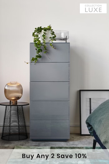Grey Sloane Glass 5 Drawer Tall Collection Luxe Chest of Drawers (100566) | £650
