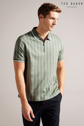 Ted Baker Icken Green Regular Cable Jacquard Zip Polo Shirt (100707) | £75