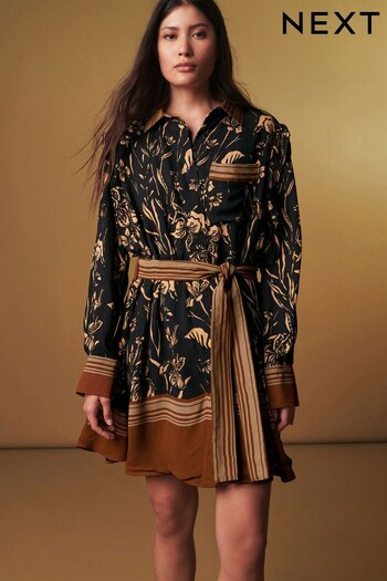 Black/Brown Placement Print Premium Long Sleeve Shirt Dress (101165) | £198