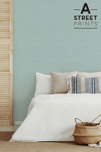 A Street Aqua Blue Grasscloth Textured Wallpaper (101460) | £69
