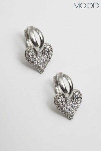 Mood Silver Tone Cubic Zirconia And Polished Heart Hoop Earrings (102668) | £25