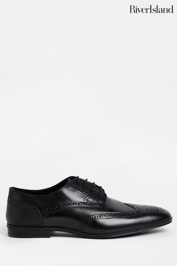 River Island Black Lace-Up Leather Brogue Derby Shoes Scott (102726) | £30