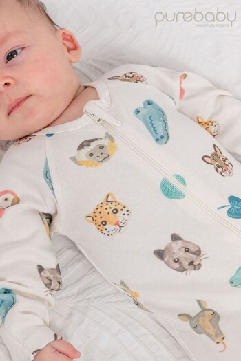 Purebaby Cream Animal Character Print Zip Baby Sleepsuit (102797) | £22