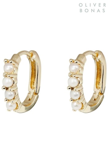Oliver Bonas Isaiah White Freshwater Pearl Clicker Gold Plated Hoop Earrings (105362) | £45