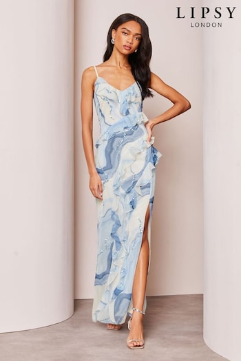 Lipsy Blue Print Sequin Ruffle Cami Summer Maxi Dress (105416) | £99