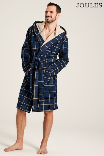 Joules Montague Navy Fleece Lined Checked Dressing Gown with Hood (105483) | £69.95