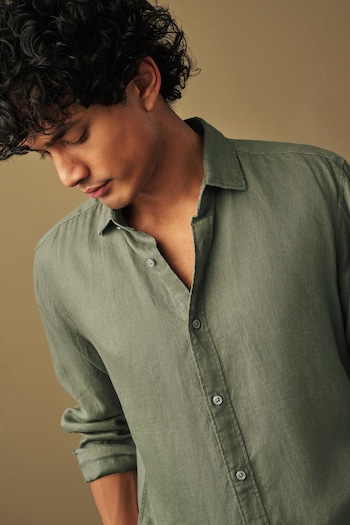 Green Regular Fit 100% Linen Long Sleeve Shirt (105525) | £38